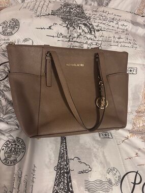 Michael Kors Taupe Brown Saffiano Leather Tote with Gold Hardware